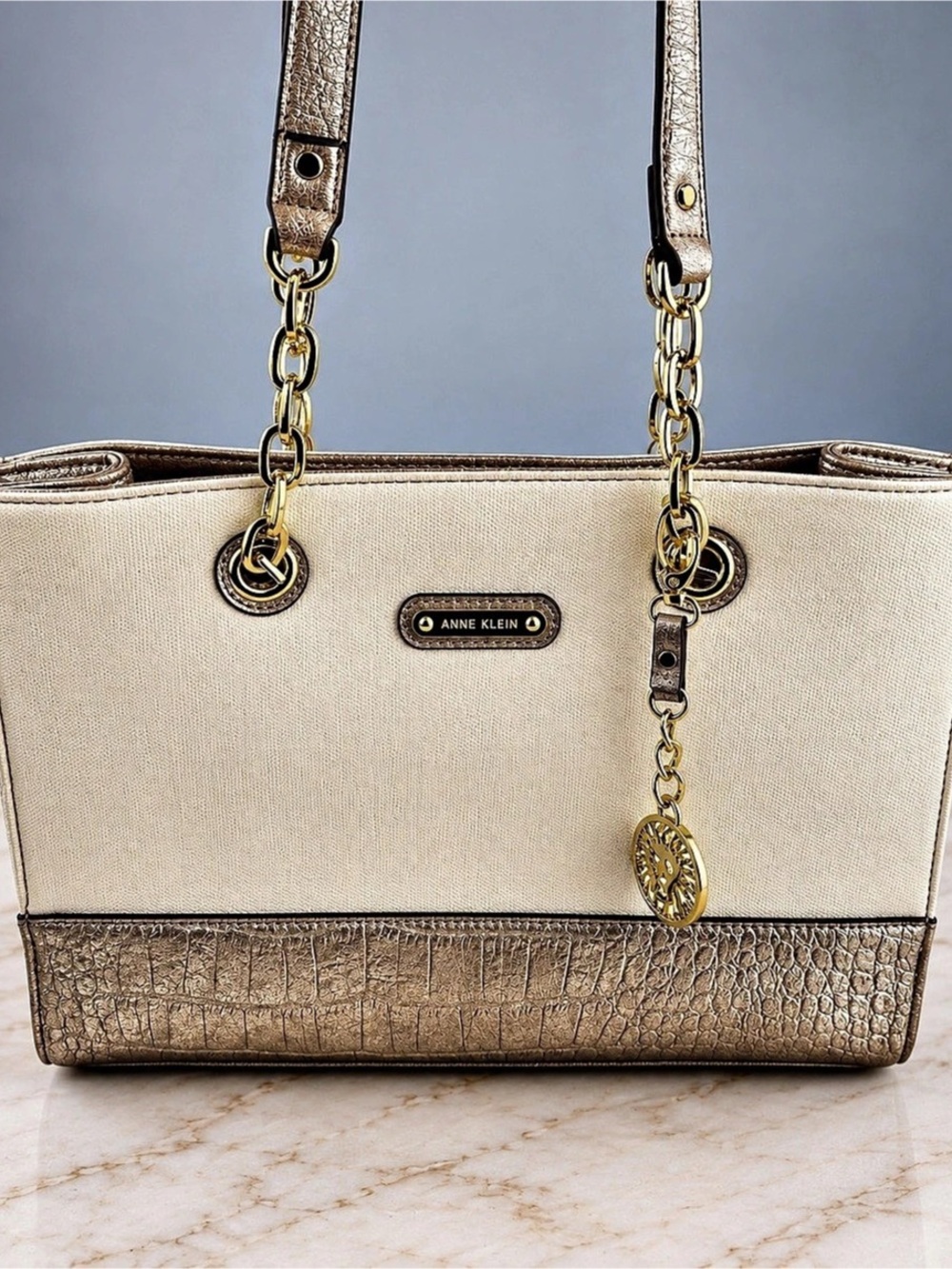 Anne Klein Two-Tone Chain Strap Tote Bag with Gold Lion Charm